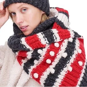 J. Crew Wool Blend Chunky Stripe Ivory Bobble Winter Scarf Red Blue Cream NWT
